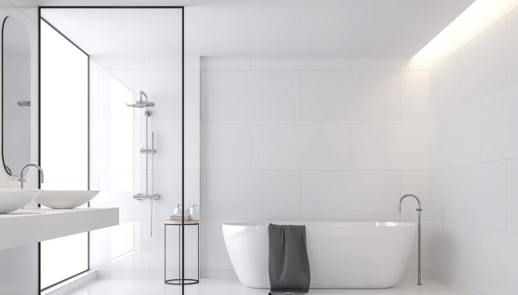 Bathroom with tiles on floors and walls